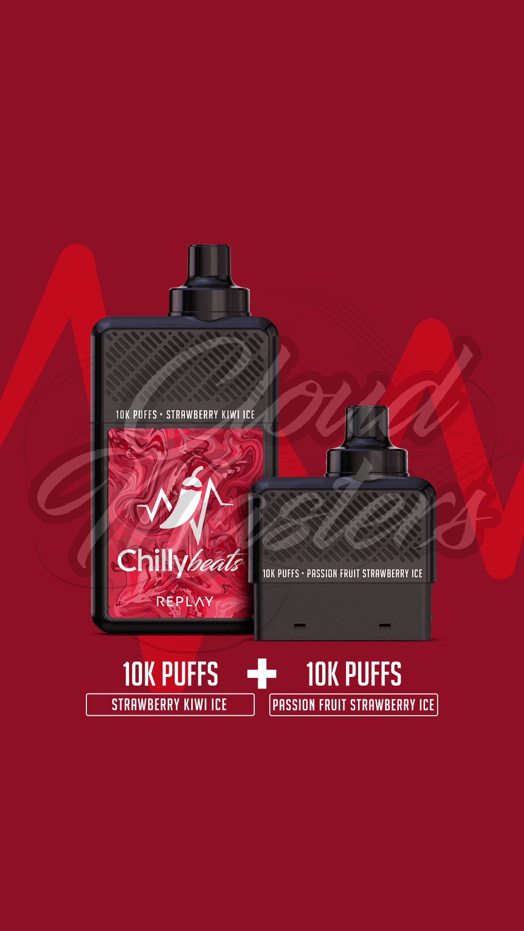 Chilly Beats Replay 20k puffs – Strawberry Kiwi Ice + Passion Fruit Strawberry Ice – Vertical